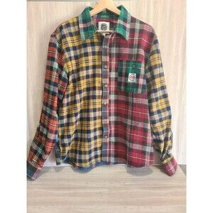 Round Two Patchwork Flannel Shirt S – Multicolor Plaid, Spiral Logo, NWT Vintage